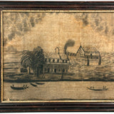 House with Delicately Detailed Porch, Barn, and Smoky Clouds, Ultra Atmospheric Mid 19th Century Sandpaper Drawing