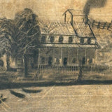 House with Delicately Detailed Porch, Barn, and Smoky Clouds, Ultra Atmospheric Mid 19th Century Sandpaper Drawing