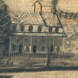 House with Delicately Detailed Porch, Barn, and Smoky Clouds, Ultra Atmospheric Mid 19th Century Sandpaper Drawing