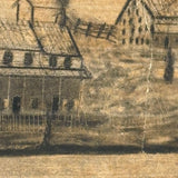 House with Delicately Detailed Porch, Barn, and Smoky Clouds, Ultra Atmospheric Mid 19th Century Sandpaper Drawing