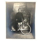 Beautiful Boy with Bicycle and Tile Floor, Gorgeous and Moody Antique Studio Photograph