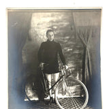 Beautiful Boy with Bicycle and Tile Floor, Gorgeous and Moody Antique Studio Photograph
