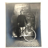 Beautiful Boy with Bicycle and Tile Floor, Gorgeous and Moody Antique Studio Photograph