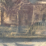 House with Delicately Detailed Porch, Barn, and Smoky Clouds, Ultra Atmospheric Mid 19th Century Sandpaper Drawing