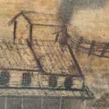 House with Delicately Detailed Porch, Barn, and Smoky Clouds, Ultra Atmospheric Mid 19th Century Sandpaper Drawing