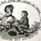 Stunning, Very Scarce, Early 1800s Tranferware Motto Plate, Perfect, with Hand-formed Wire Hanger