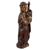Evocatively Aged Carved Devotional Figure with Crown of Roses and Church in Hand, c. 18th Century (Copy)