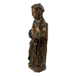 Evocatively Aged Carved Devotional Figure with Crown of Roses and Church in Hand, c. 18th Century (Copy)