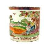 God's Beneficence: C. 1810-20 English Creamware Child's Mug, Transfer Decorated with Hand-Painting and Pink Luster Rim