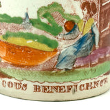 God's Beneficence: C. 1810-20 English Creamware Child's Mug, Transfer Decorated with Hand-Painting and Pink Luster Rim