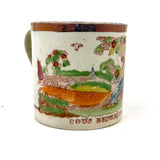 God's Beneficence: C. 1810-20 English Creamware Child's Mug, Transfer Decorated with Hand-Painting and Pink Luster Rim