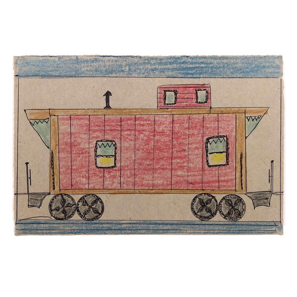 Lewis Smith Caboose, Ink and Crayon on Graham Cracker Box Cardboard