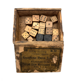 As Found: Collection of Old Carved Wooden Dice in Goodyear Rapid Needles Box