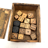 As Found: Collection of Old Carved Wooden Dice in Goodyear Rapid Needles Box