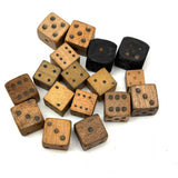 As Found: Collection of Old Carved Wooden Dice in Goodyear Rapid Needles Box