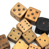 As Found: Collection of Old Carved Wooden Dice in Goodyear Rapid Needles Box