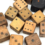 As Found: Collection of Old Carved Wooden Dice in Goodyear Rapid Needles Box