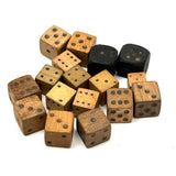 As Found: Collection of Old Carved Wooden Dice in Goodyear Rapid Needles Box