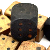 As Found: Collection of Old Carved Wooden Dice in Goodyear Rapid Needles Box