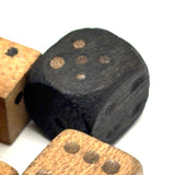 As Found: Collection of Old Carved Wooden Dice in Goodyear Rapid Needles Box