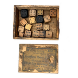 As Found: Collection of Old Carved Wooden Dice in Goodyear Rapid Needles Box