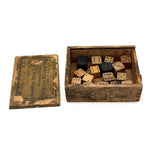 As Found: Collection of Old Carved Wooden Dice in Goodyear Rapid Needles Box