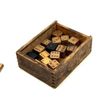 As Found: Collection of Old Carved Wooden Dice in Goodyear Rapid Needles Box