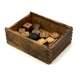 As Found: Collection of Old Carved Wooden Dice in Goodyear Rapid Needles Box