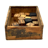 As Found: Collection of Old Carved Wooden Dice in Goodyear Rapid Needles Box