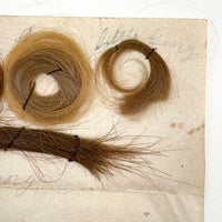 Annotated Collected Hair Locks Stitched to Paper with Handwritten Names #2 (Ginger George and Little George), 1860s