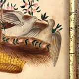 Love Birds in Basket with Flowering Vines, 1804 Watercolor in Antique Lemon Gold Frame