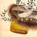 Love Birds in Basket with Flowering Vines, 1804 Watercolor in Antique Lemon Gold Frame