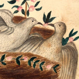 Love Birds in Basket with Flowering Vines, 1804 Watercolor in Antique Lemon Gold Frame