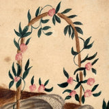 Love Birds in Basket with Flowering Vines, 1804 Watercolor in Antique Lemon Gold Frame