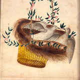 Love Birds in Basket with Flowering Vines, 1804 Watercolor in Antique Lemon Gold Frame