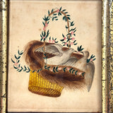 Love Birds in Basket with Flowering Vines, 1804 Watercolor in Antique Lemon Gold Frame