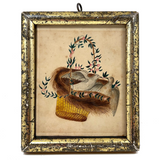 Love Birds in Basket with Flowering Vines, 1804 Watercolor in Antique Lemon Gold Frame