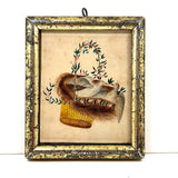 Love Birds in Basket with Flowering Vines, 1804 Watercolor in Antique Lemon Gold Frame