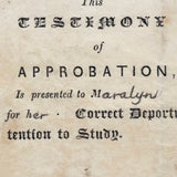 Testimony of Approbation for Maralyn, Unusual Early 19th Century Letterpress Reward of Merit