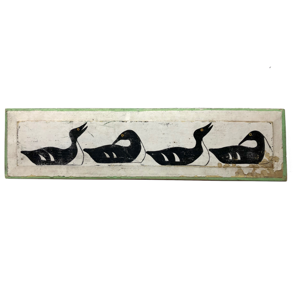 Painted Row of Loons on Long Beveled Wood Panel