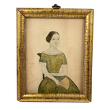 SOLD Delicately Rendered Portrait of a Young Woman in Green with Fan, Antique Watercolor in Period Frame