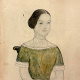 SOLD Delicately Rendered Portrait of a Young Woman in Green with Fan, Antique Watercolor in Period Frame