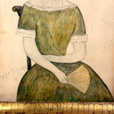 SOLD Delicately Rendered Portrait of a Young Woman in Green with Fan, Antique Watercolor in Period Frame