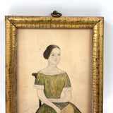 SOLD Delicately Rendered Portrait of a Young Woman in Green with Fan, Antique Watercolor in Period Frame