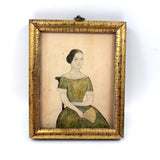 SOLD Delicately Rendered Portrait of a Young Woman in Green with Fan, Antique Watercolor in Period Frame