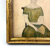 SOLD Delicately Rendered Portrait of a Young Woman in Green with Fan, Antique Watercolor in Period Frame
