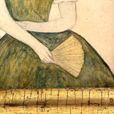 SOLD Delicately Rendered Portrait of a Young Woman in Green with Fan, Antique Watercolor in Period Frame