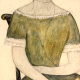 SOLD Delicately Rendered Portrait of a Young Woman in Green with Fan, Antique Watercolor in Period Frame