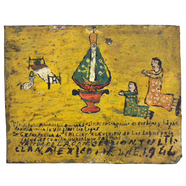 Kneeling Women in Polka Dots, Very Folky Masterpiece of an Ex Voto Retablo on Heavy Tin, 1944