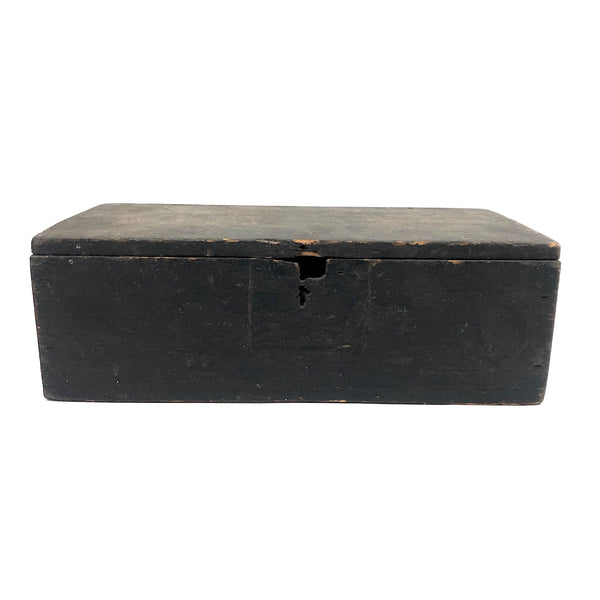 19th C. Handmade Black Painted Pine Box with Wire Hinges